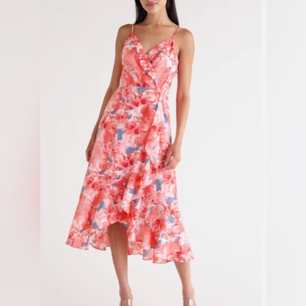 Chelsea28 Floral Coral Faux-Wrap Midi Dress with Ruffle Details